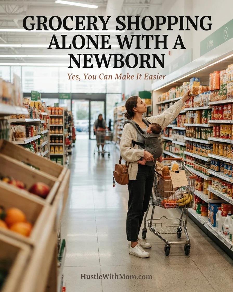 New mother grocery shopping alone with her newborn in a baby Carrier.