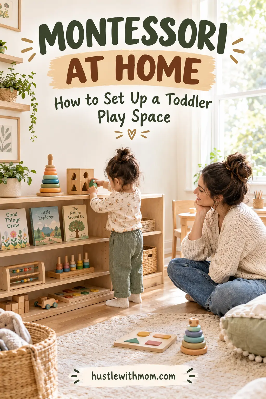 Montessori toddler playroom at home with low shelves, wooden toys, books, and an organized play space.