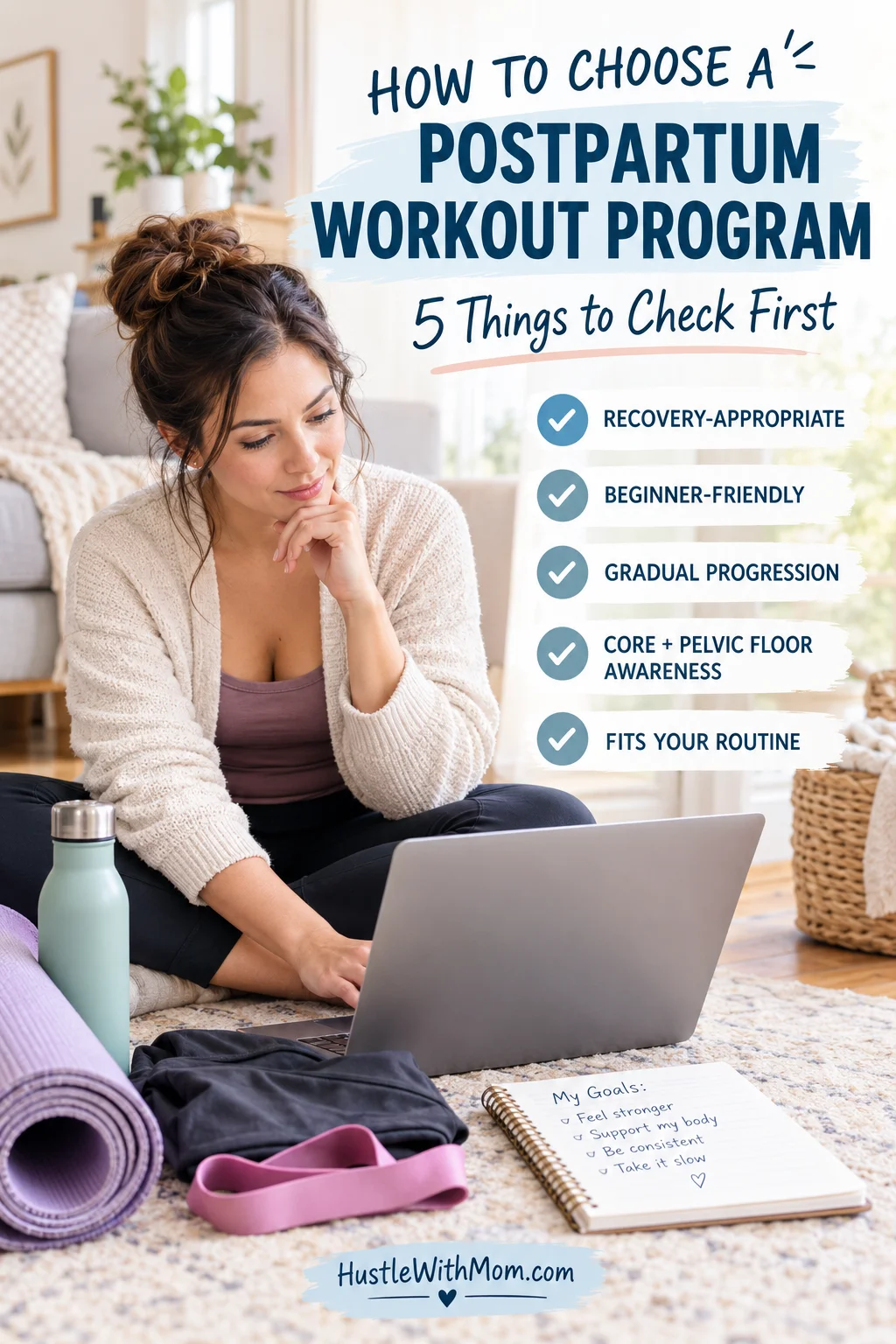 New mother comparing postpartum workout programs at home using a laptop and checklist.