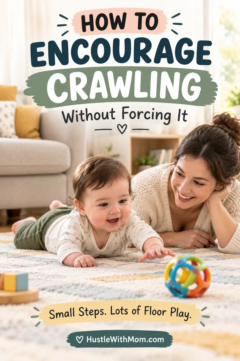 Parent encouraging baby to crawl through floor play with a toy just out of reach.
