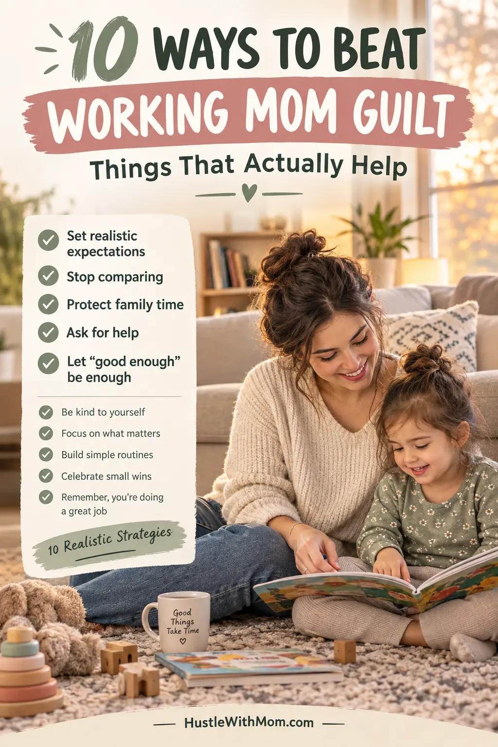 Working mother enjoying meaningful family time while using practical strategies to reduce mom guilt.