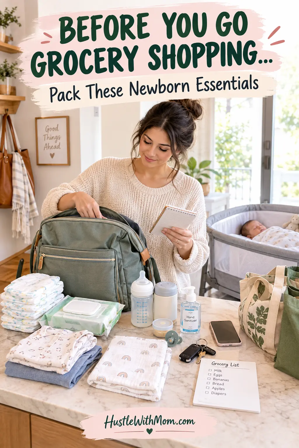 New mother preparing a diaper bag and essentials before grocery shopping with her newborn.