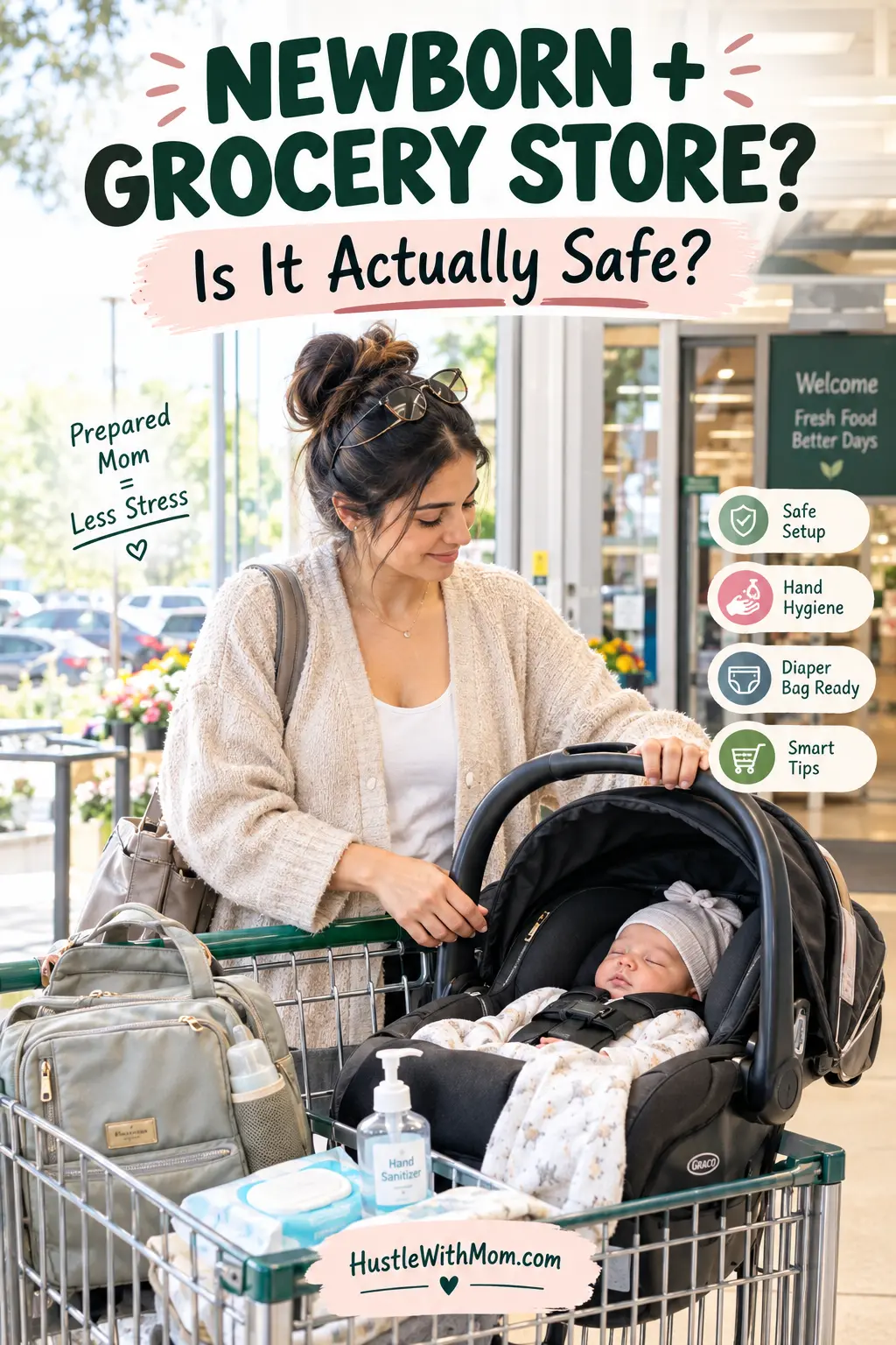 New mother preparing to safely take her newborn grocery shopping.