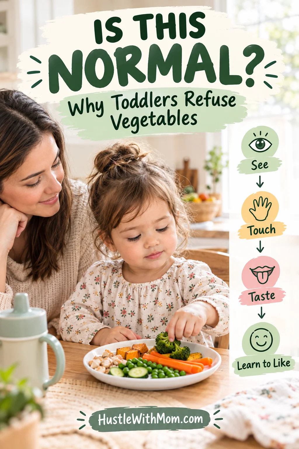 Toddler refusing vegetables while parent calmly encourages healthy eating.