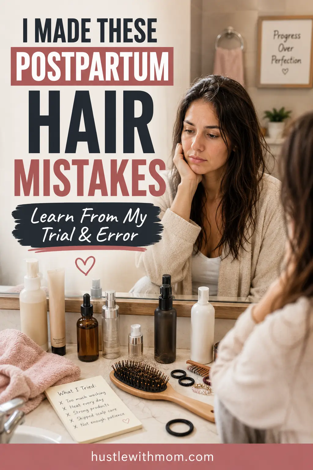 New mom reviewing her hair-care routine after making common postpartum hair loss mistakes.