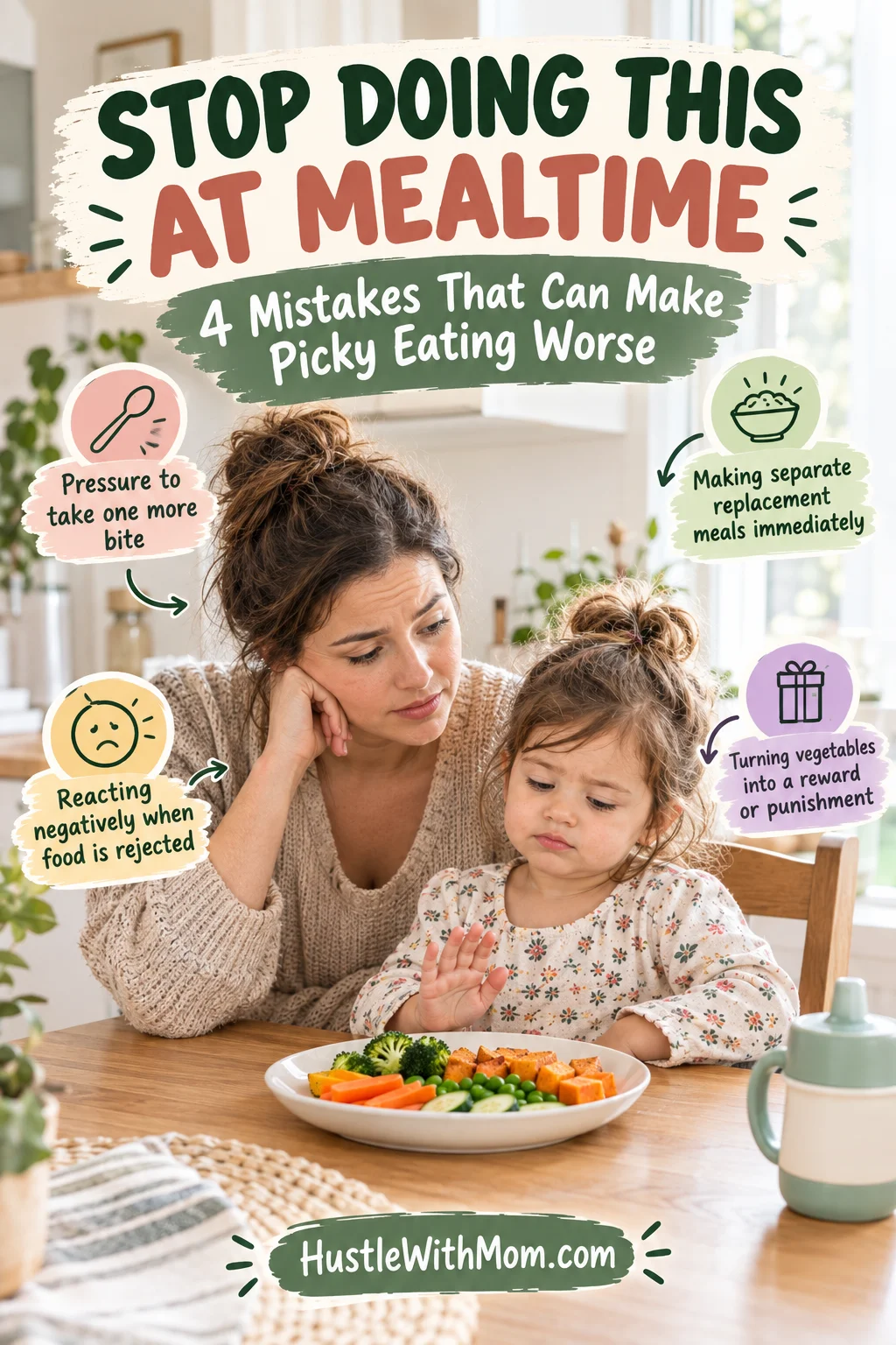 Parent and picky toddler experiencing a difficult vegetable mealtime.