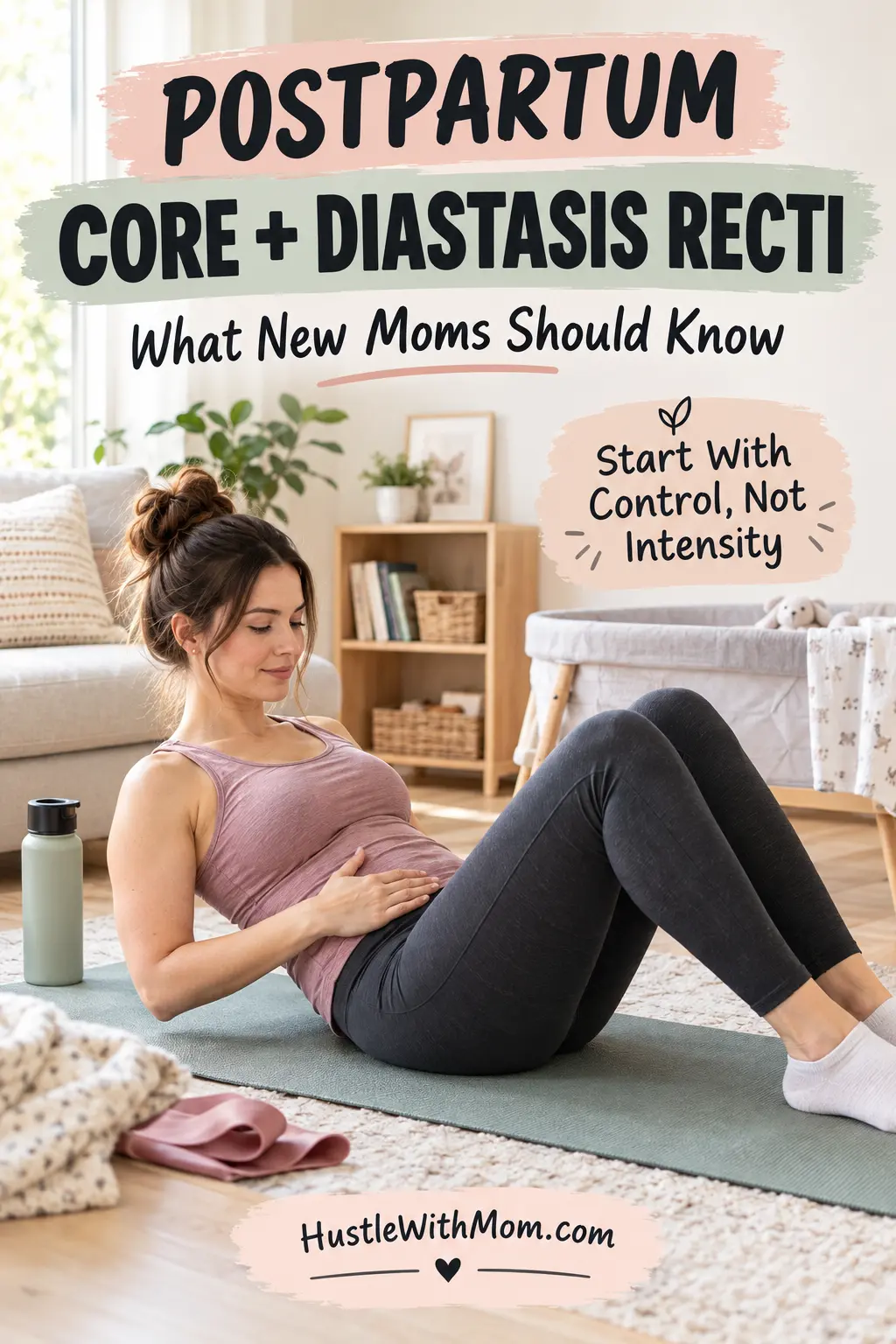 Postpartum mother practicing gentle core exercises with controlled breathing at home.