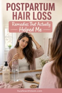 Postpartum hair loss remedies and hair care tips for a new mom experiencing hair shedding after pregnancy.
