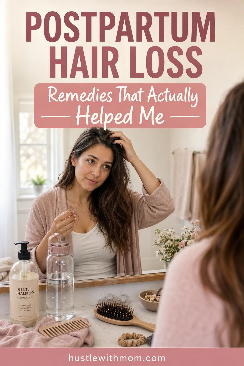 Postpartum hair loss remedies and hair care tips for a new mom experiencing hair shedding after pregnancy.