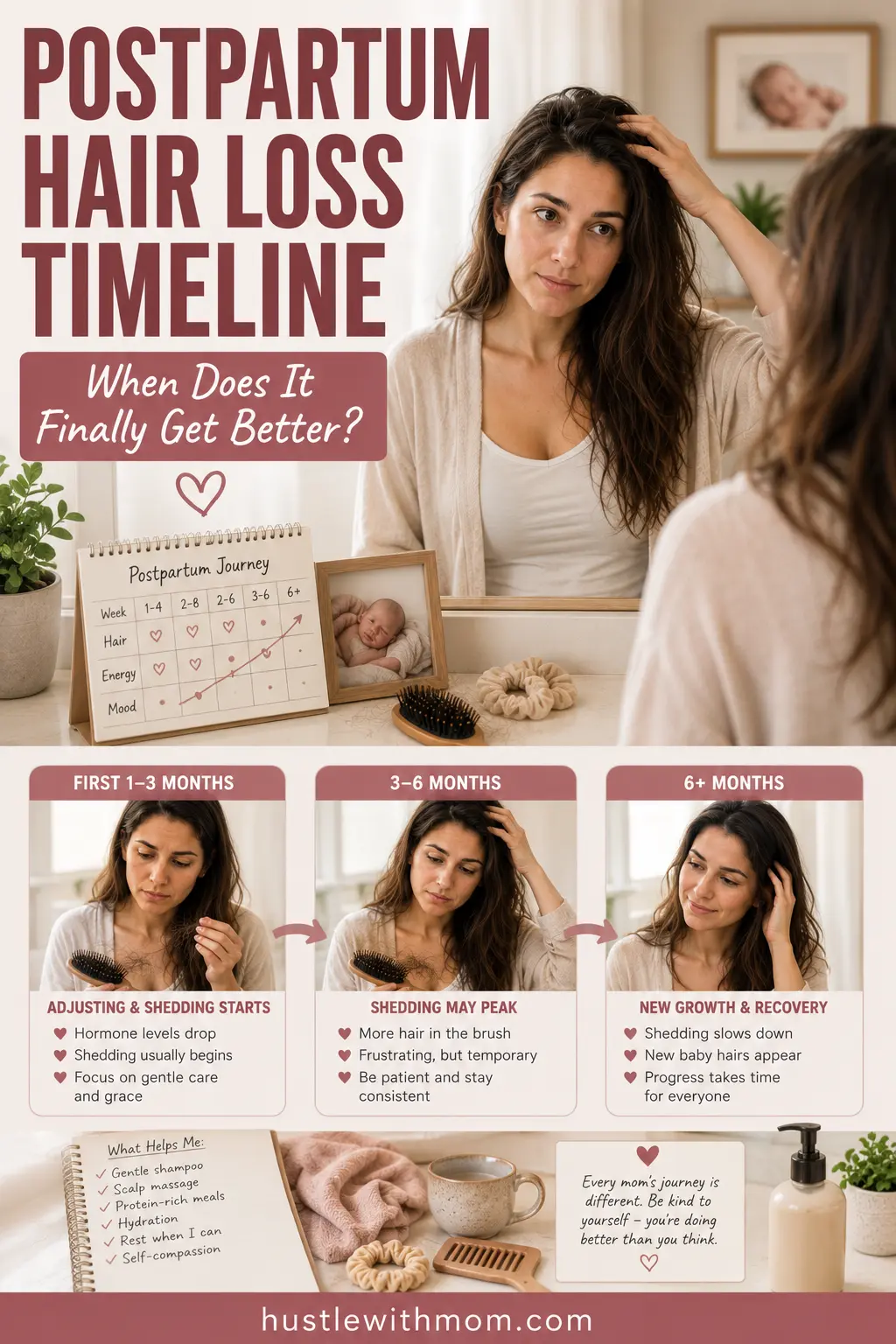 Postpartum hair loss timeline showing a new mom tracking hair shedding and gradual hair recovery after pregnancy.