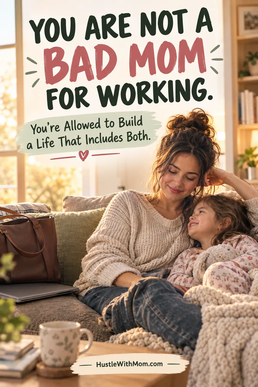 Working mother relaxing with her child after work and reflecting on motherhood.