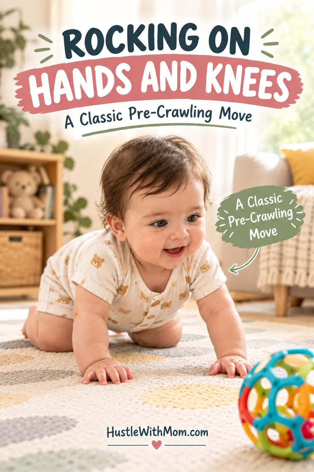 Baby rocking back and forth on hands and knees before crawling.