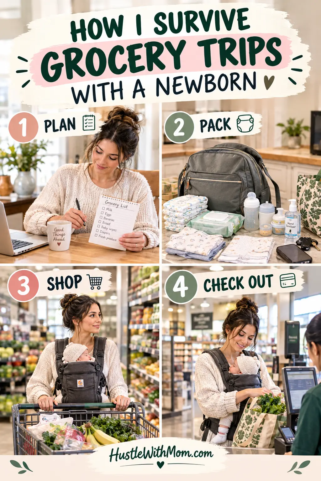 New mother following a simple routine while grocery shopping with her newborn.