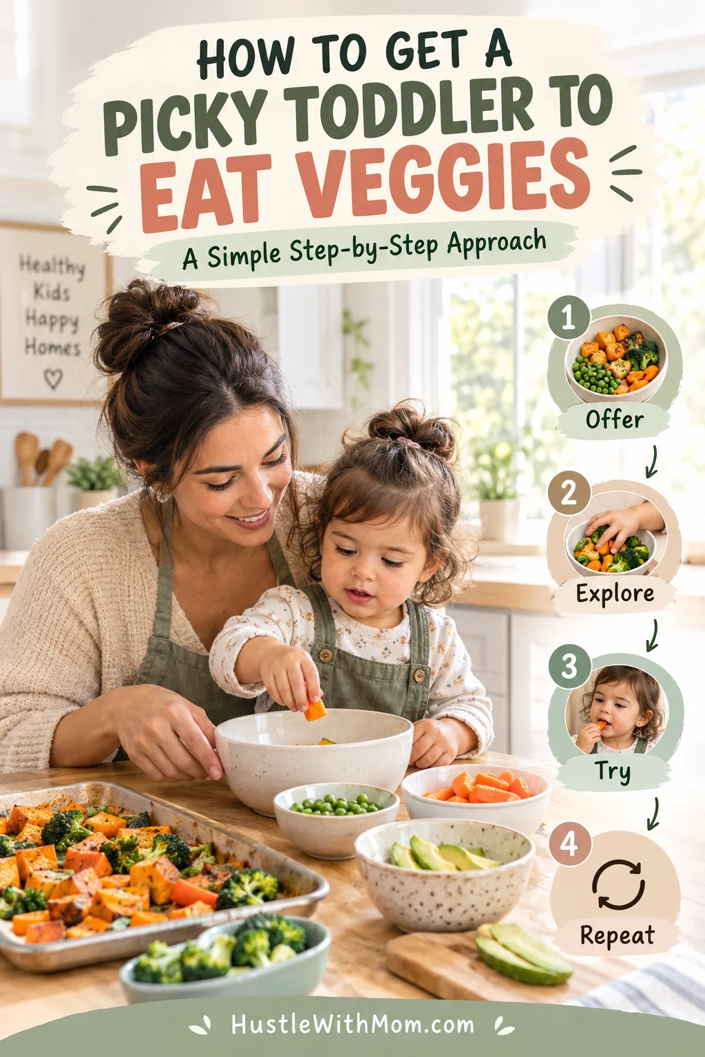 Parent and toddler preparing vegetables together using a low-pressure picky eating strategy.