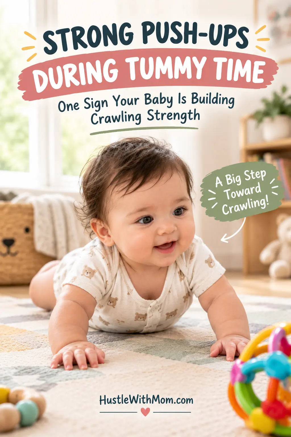 Baby pushing up strongly during tummy time while preparing for crawling.
