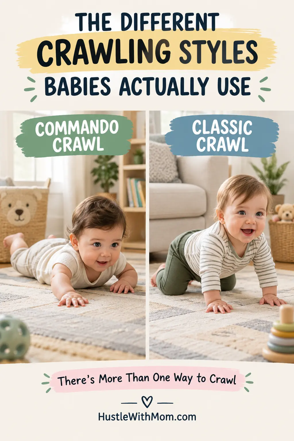 Comparison of a baby doing a commando crawl and a classic hands-and-knees crawl.