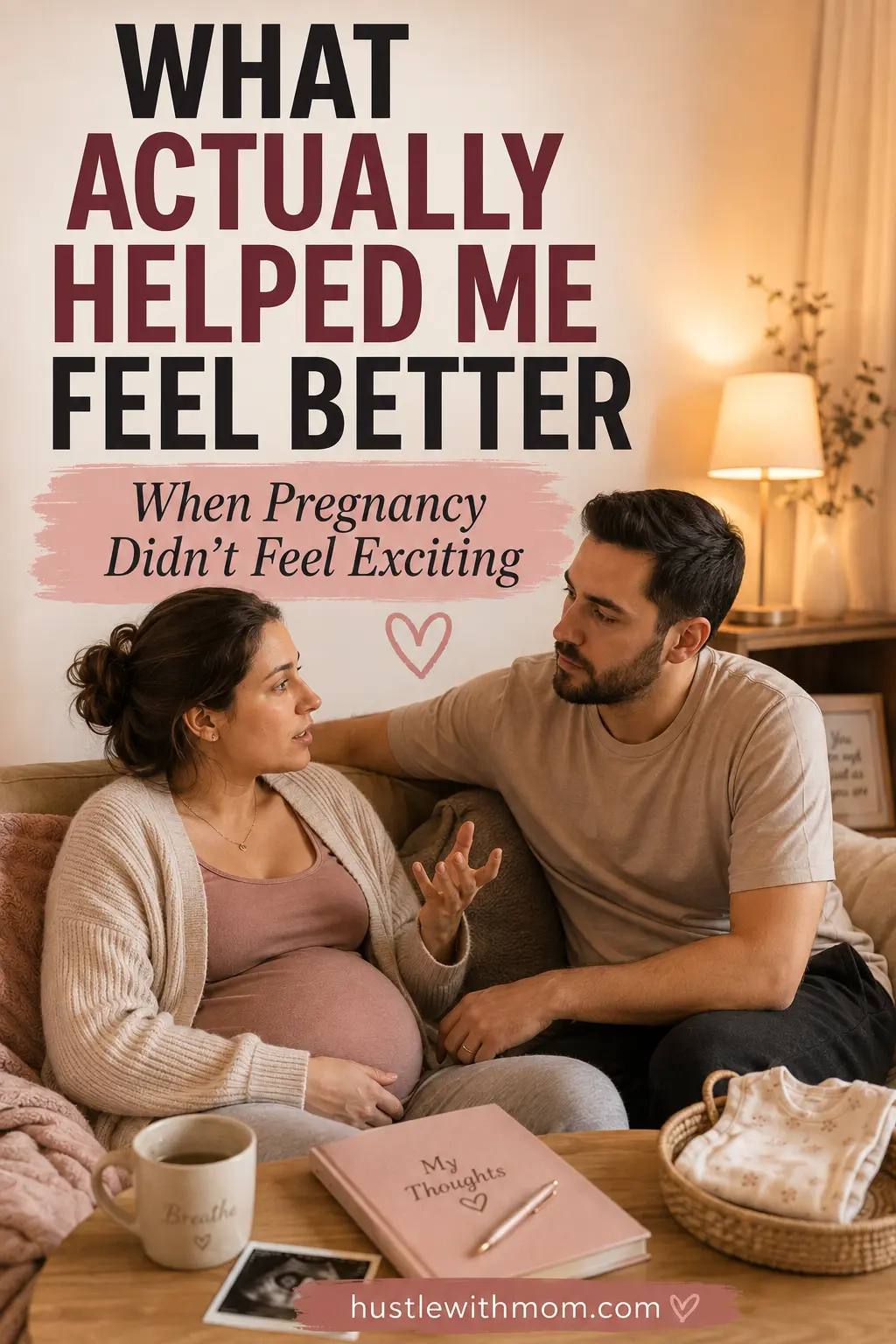 Pregnant woman talking with her supportive partner about difficult pregnancy emotions.
