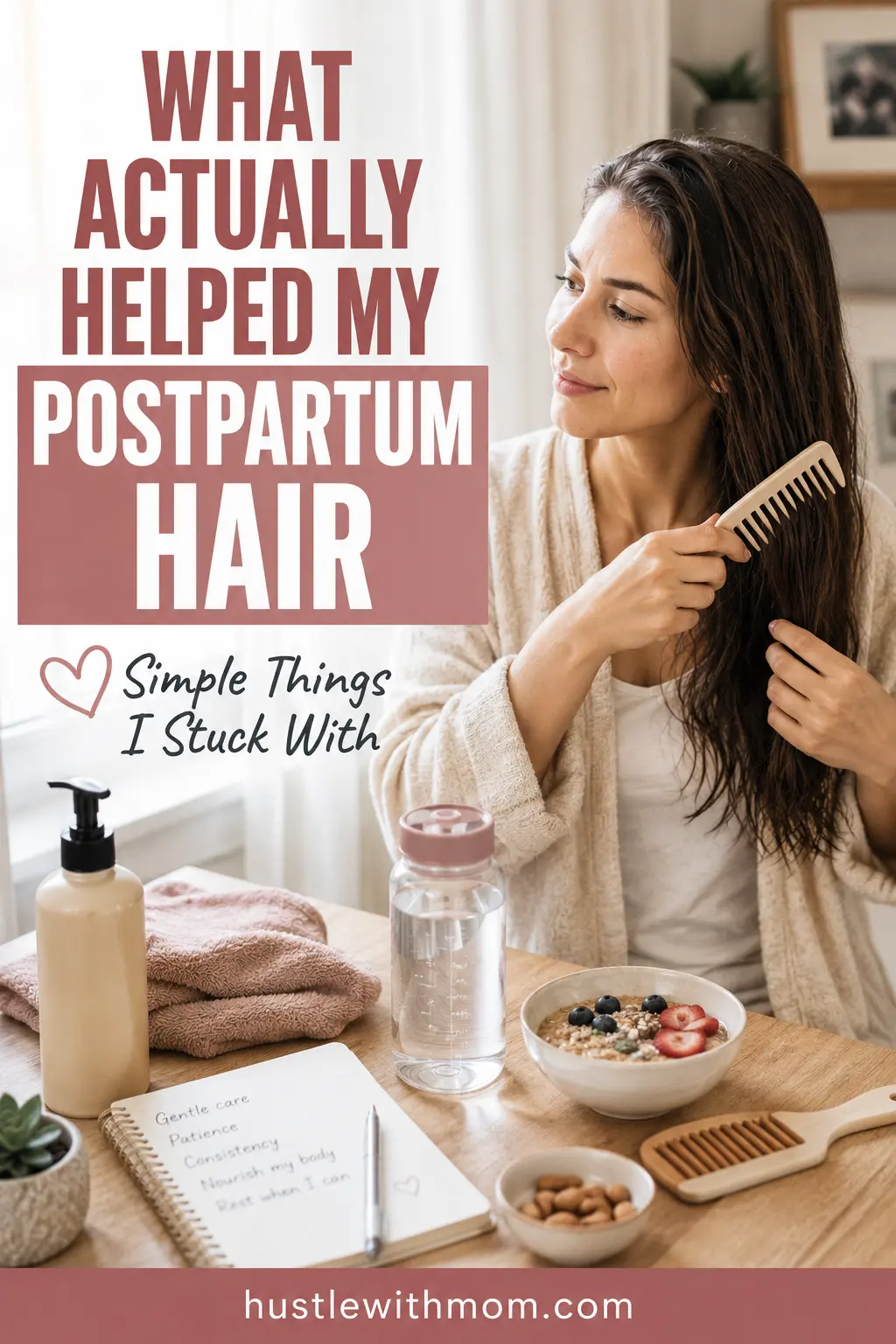 New mom following a simple postpartum hair care routine while dealing with hair loss after pregnancy.