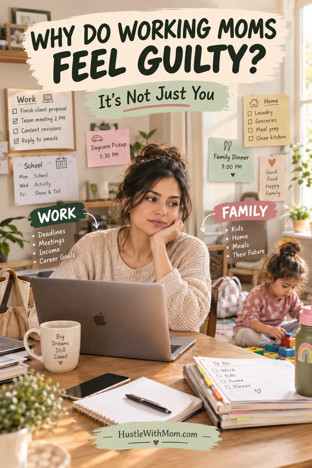 Working mother balancing job responsibilities and family demands while experiencing guilt.
