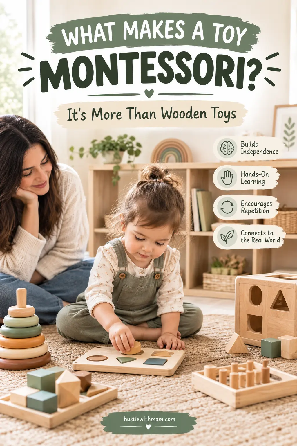 Toddler exploring simple wooden toys in a Montessori-inspired playroom while learning through independent play.