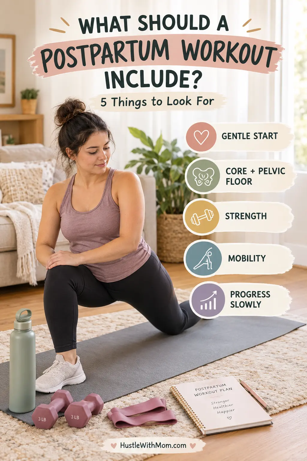 New mother following a structured beginner-friendly postpartum workout routine at home.