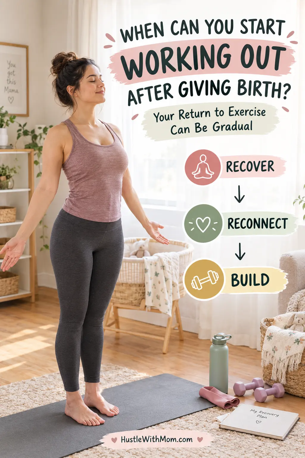 New mother beginning gentle postpartum movement at home after childbirth.
