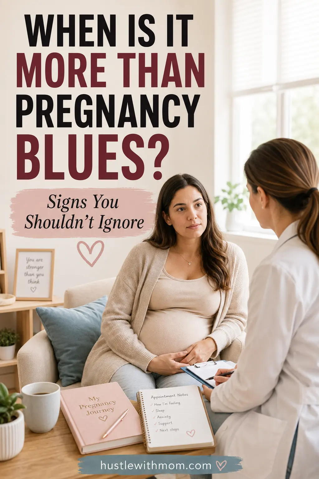 Pregnant woman speaking with a healthcare professional about difficult pregnancy emotions and mental health.