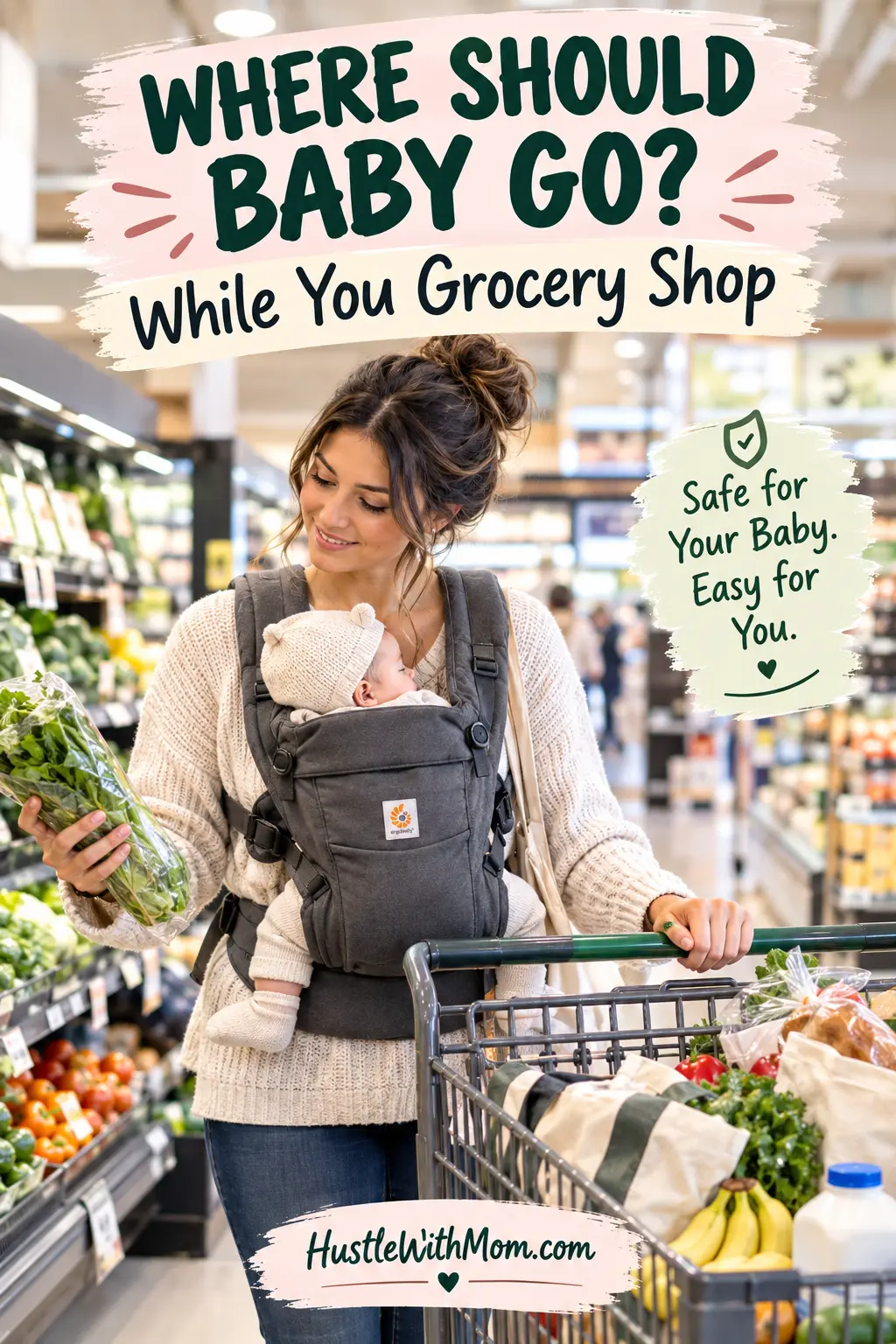 Mother safely carrying her newborn while grocery shopping with a cart.