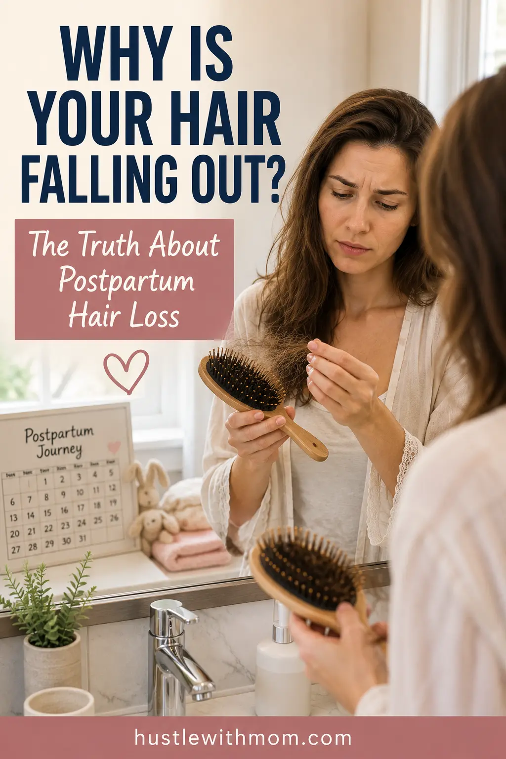 New mom examining hair shedding after pregnancy while learning about postpartum hair loss causes.