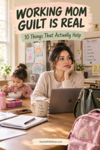 Working mother balancing her job and family while experiencing working mom guilt.