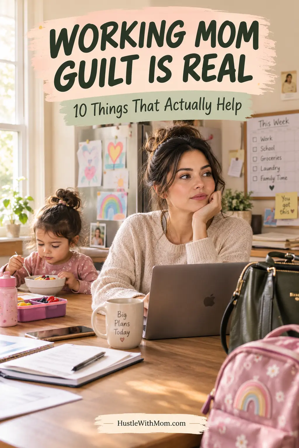 Working mother balancing her job and family while experiencing working mom guilt.
