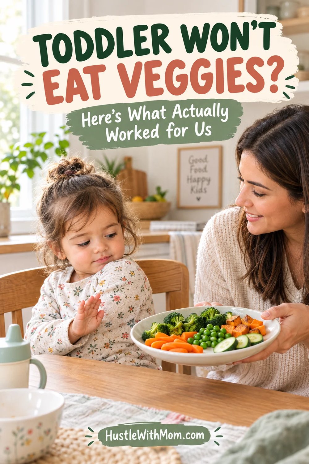 Parent helping a picky toddler try vegetables during a family meal.