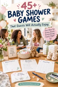 A warm, pastel-themed baby shower with smiling guests, baby prediction cards, Baby Bingo, wishes-for-baby cards, a teddy bear, and baby gifts. The headline reads “45+ Baby Shower Games That Guests Will Actually Enjoy,” with HustleWithMom.com branding at the bottom.