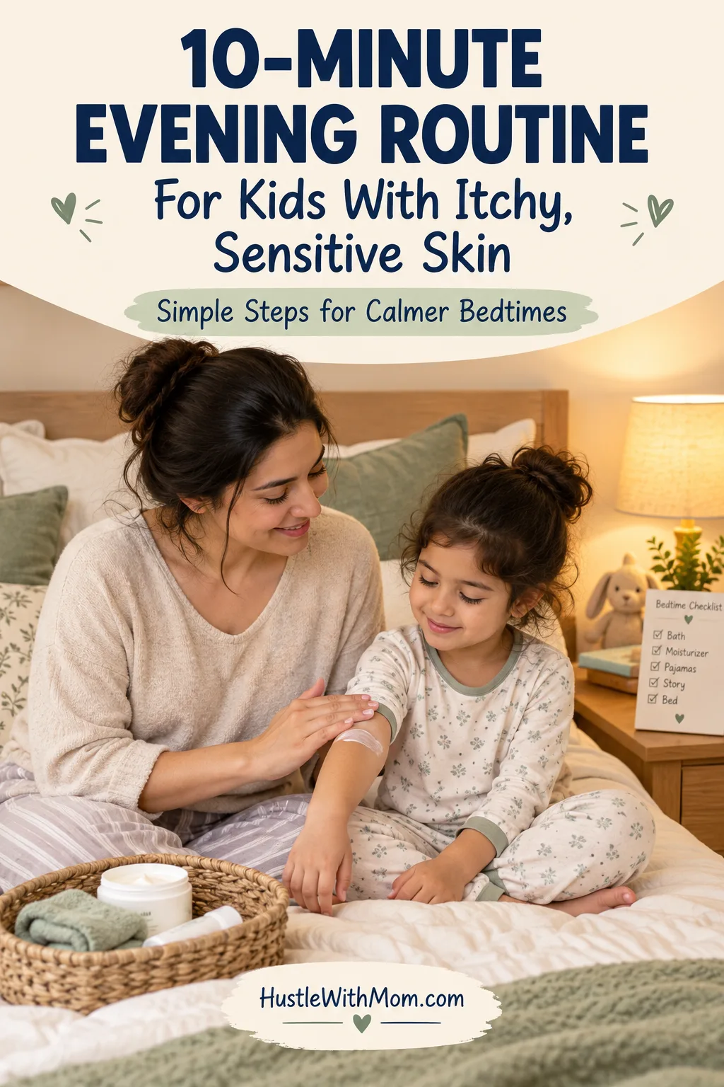 Mother gently moisturizing her child's arm during a simple evening skincare routine for sensitive skin.