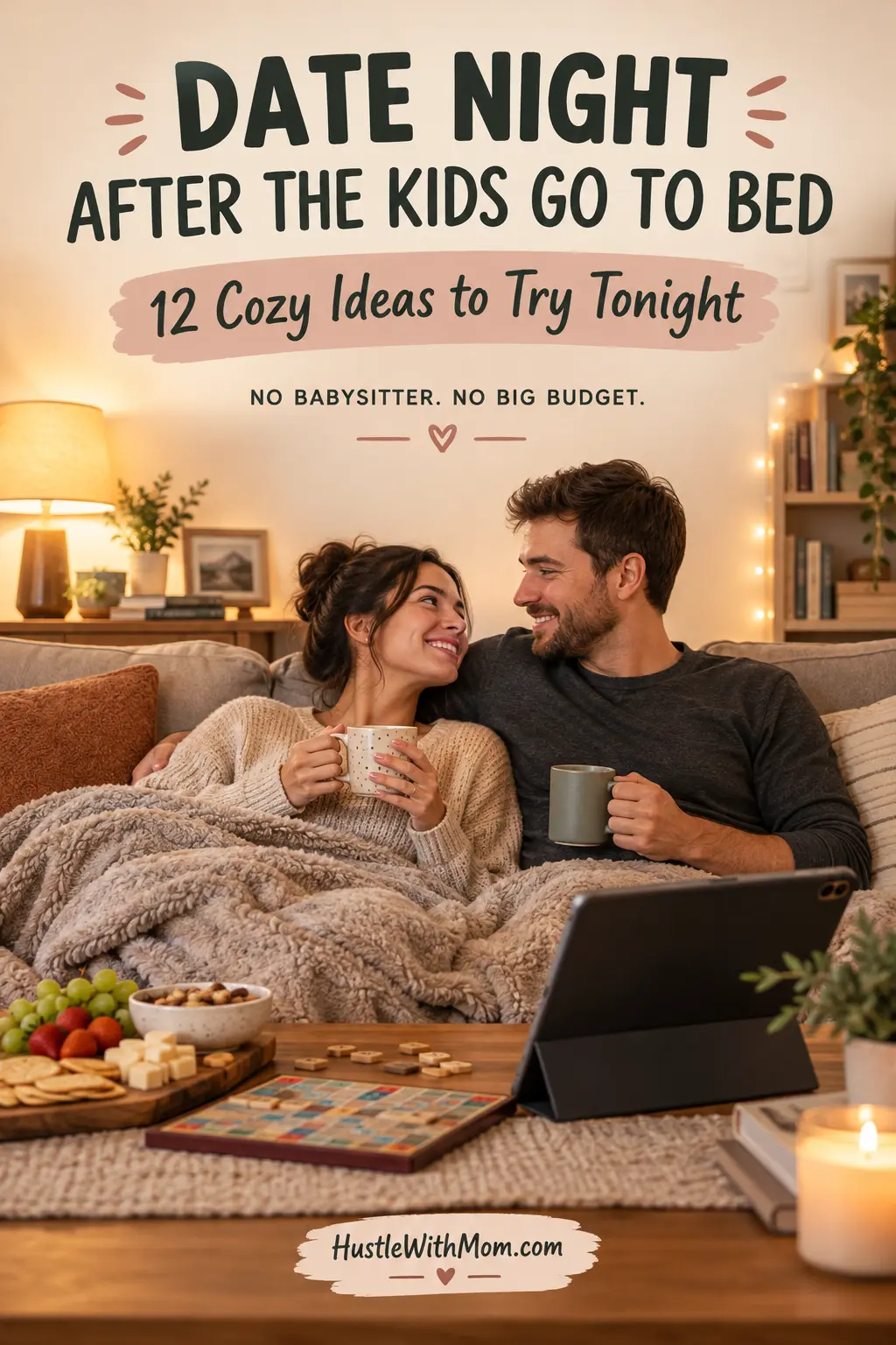 Couple enjoying a cozy at-home date night on the sofa after their children go to bed.