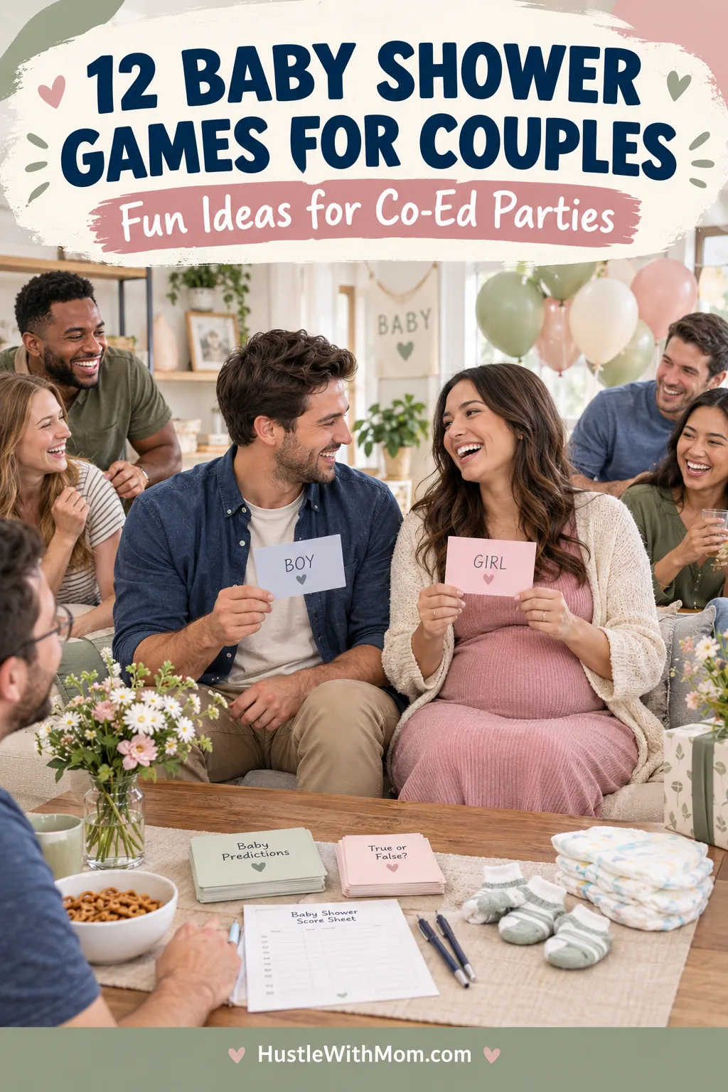 An expectant couple holding answer cards during a co-ed baby shower game while adult friends and family laugh together in a living room.