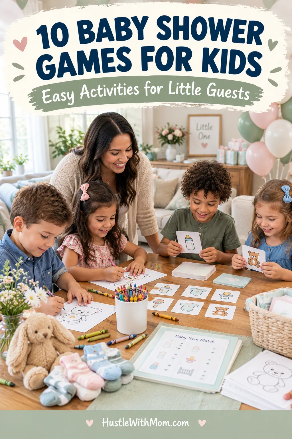 Children coloring baby-themed activity sheets and matching picture cards at a baby shower table with crayons and an adult supervising nearby.