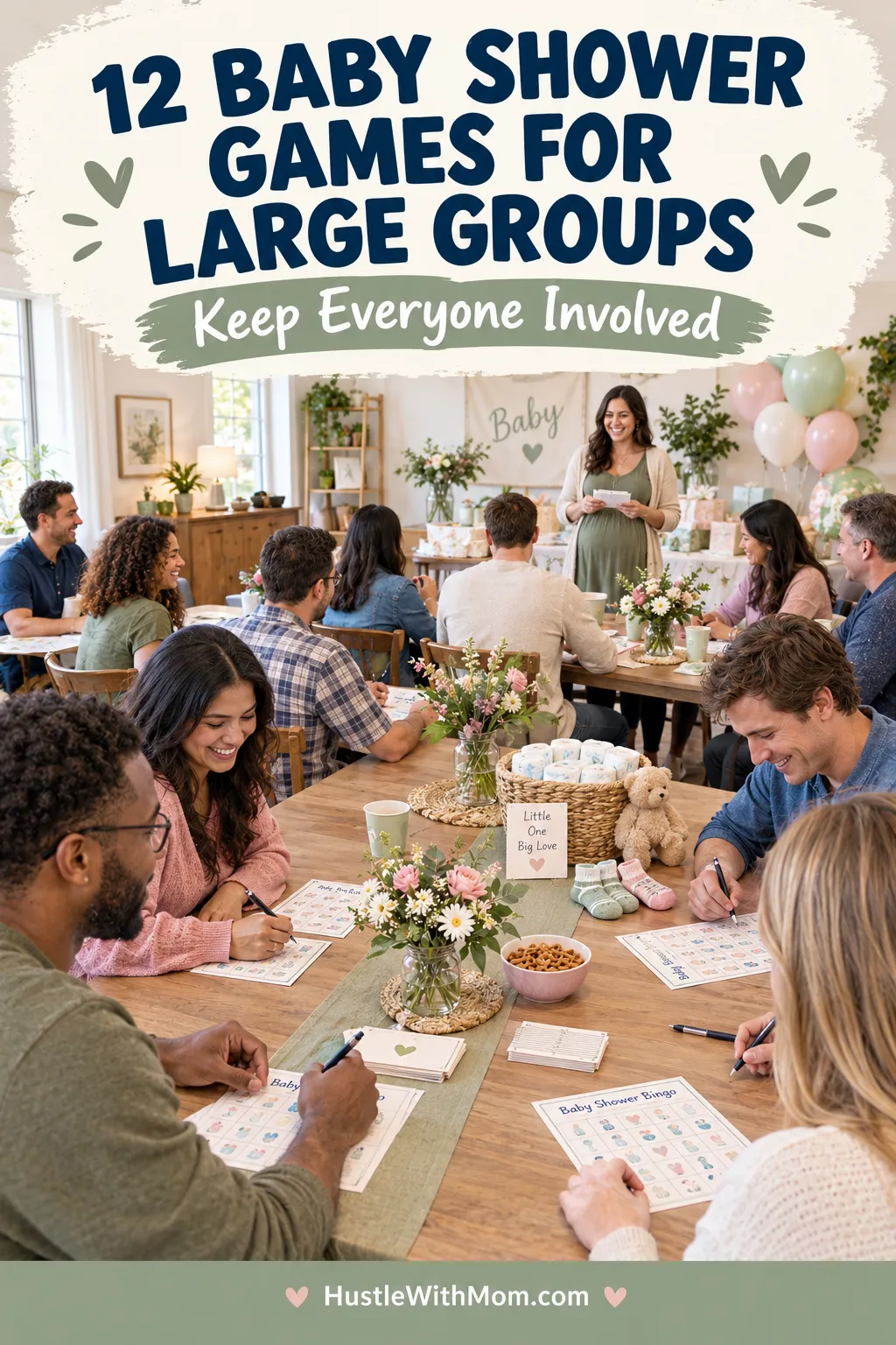 A large group of adults playing baby shower bingo at connected tables, with printed game cards, pens, baby-themed decorations, and a host leading the activity.