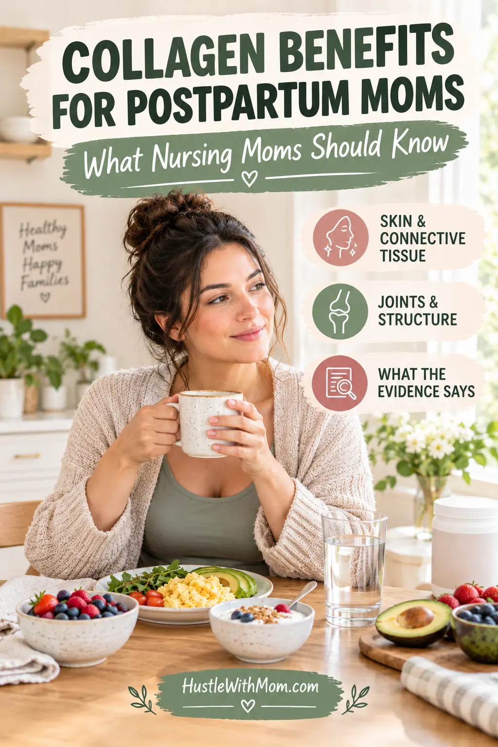 Postpartum mother enjoying a balanced breakfast while learning about collagen and postpartum wellness.