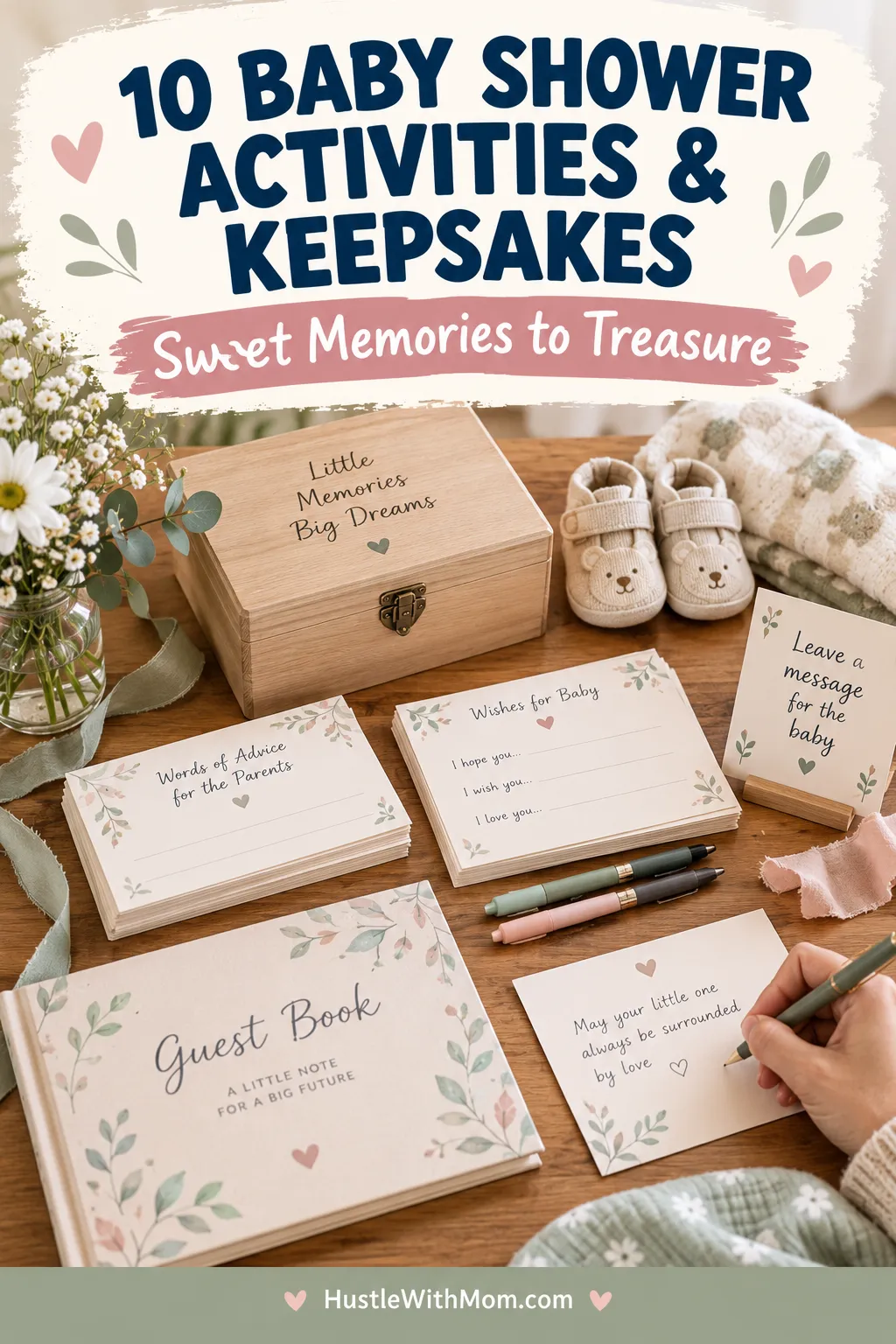 A baby shower keepsake table with wishes-for-baby cards, advice notes, a guest book, a small memory box, tiny baby shoes, and white Flowers.