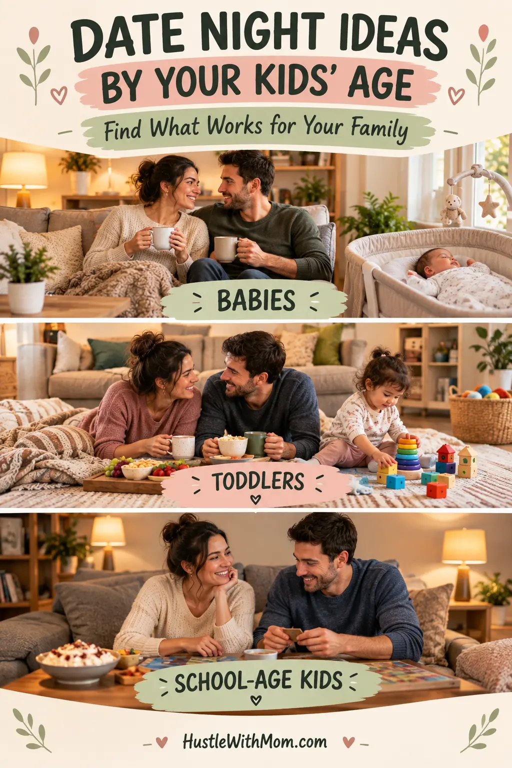 Parents sharing a relaxed at-home date moment while their toddler plays safely nearby.