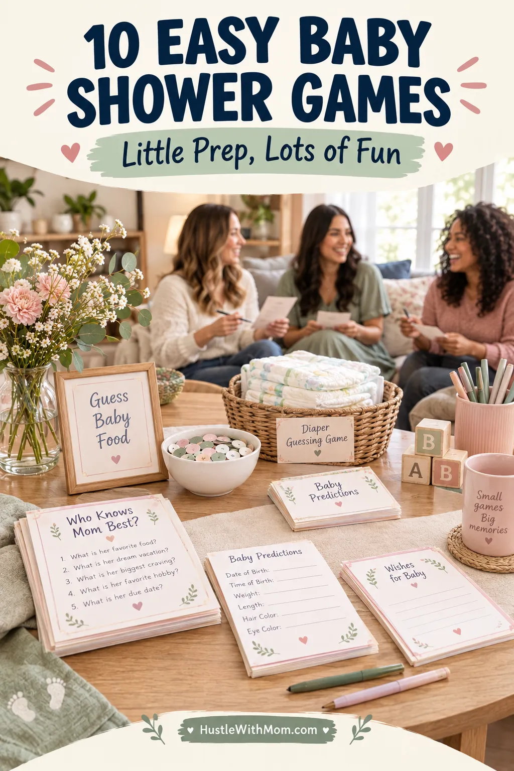 A simple baby shower table with game sheets, pens, prediction cards, diapers, and a small vase of flowers, ready for easy party games.