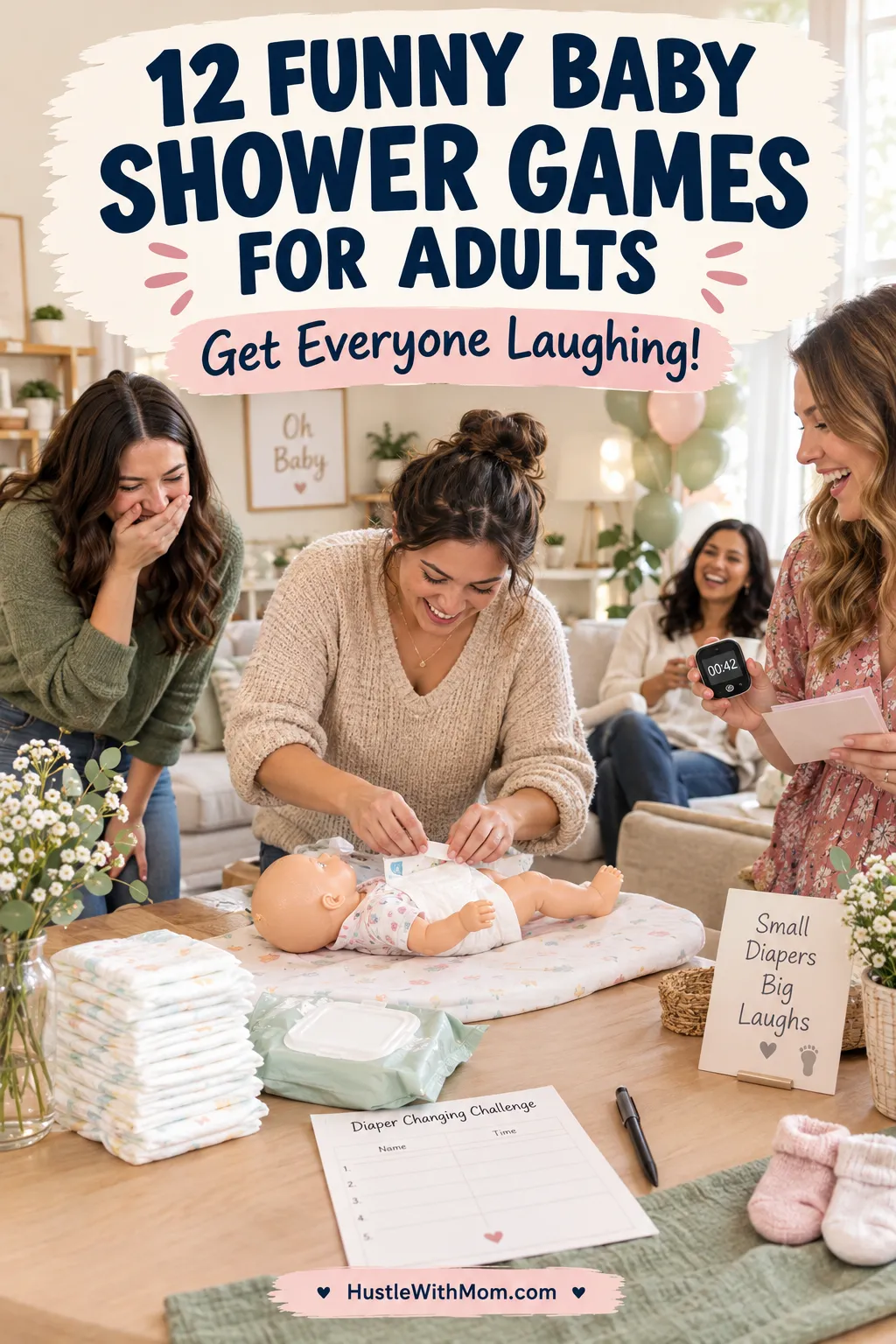 Adult guests laughing during a baby shower diaper-changing challenge with a baby doll, diapers, scorecards, and soft pink and sage decorations.