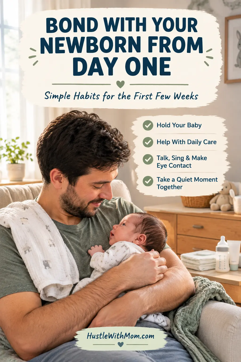 New father gently holding and talking to his newborn during the first weeks at home.
