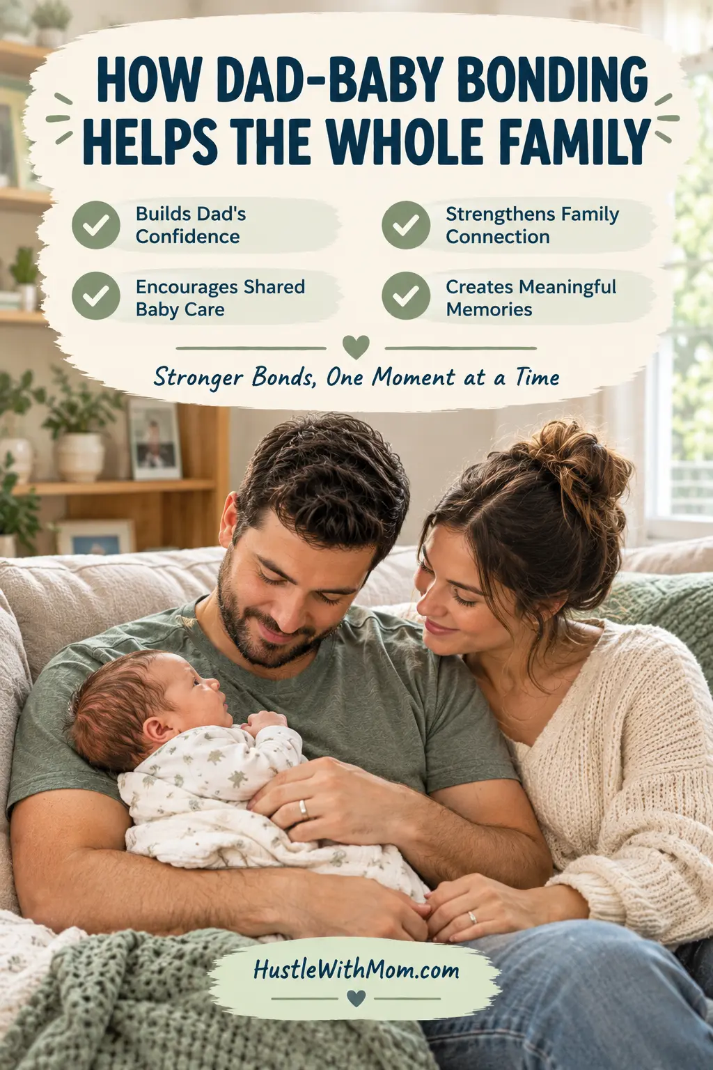 New father holding his newborn beside the baby's mother, showing how shared care can strengthen family connection.