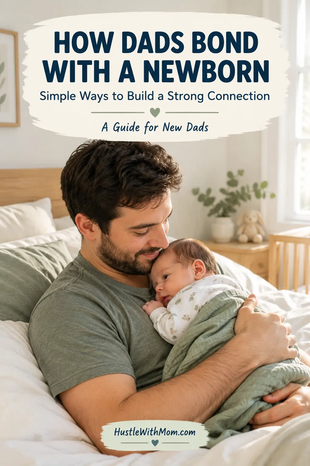 New father gently holding his newborn baby at home while learning how to build a strong father-baby bond.