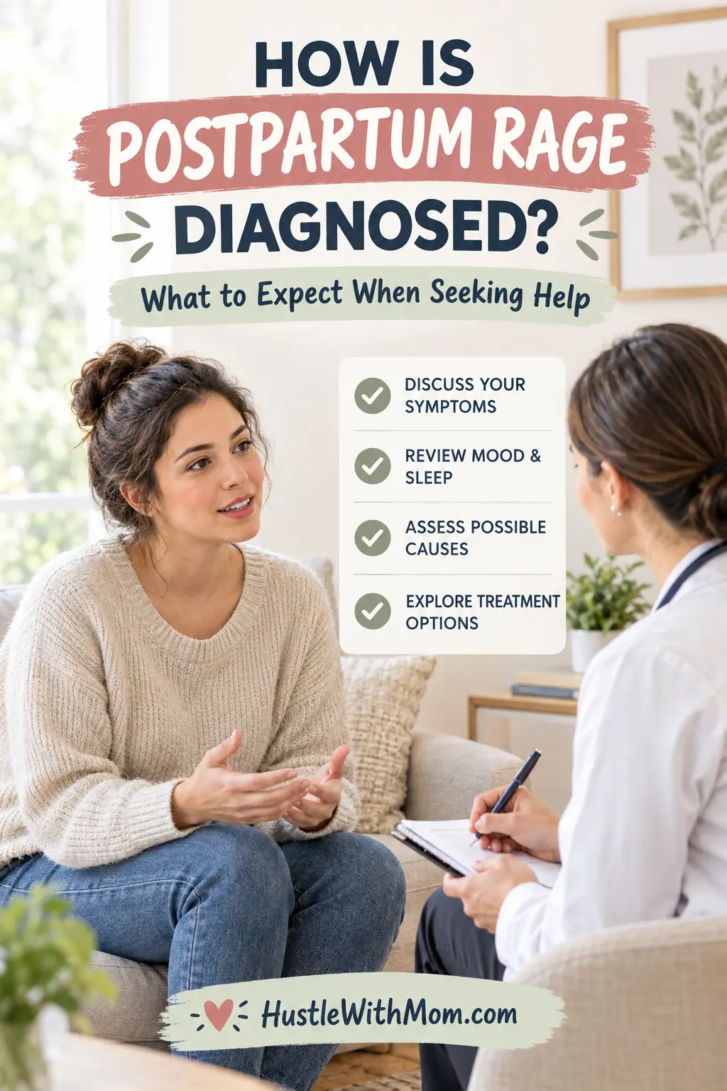 New mother discussing postpartum anger symptoms with a healthcare professional during a supportive consultation.