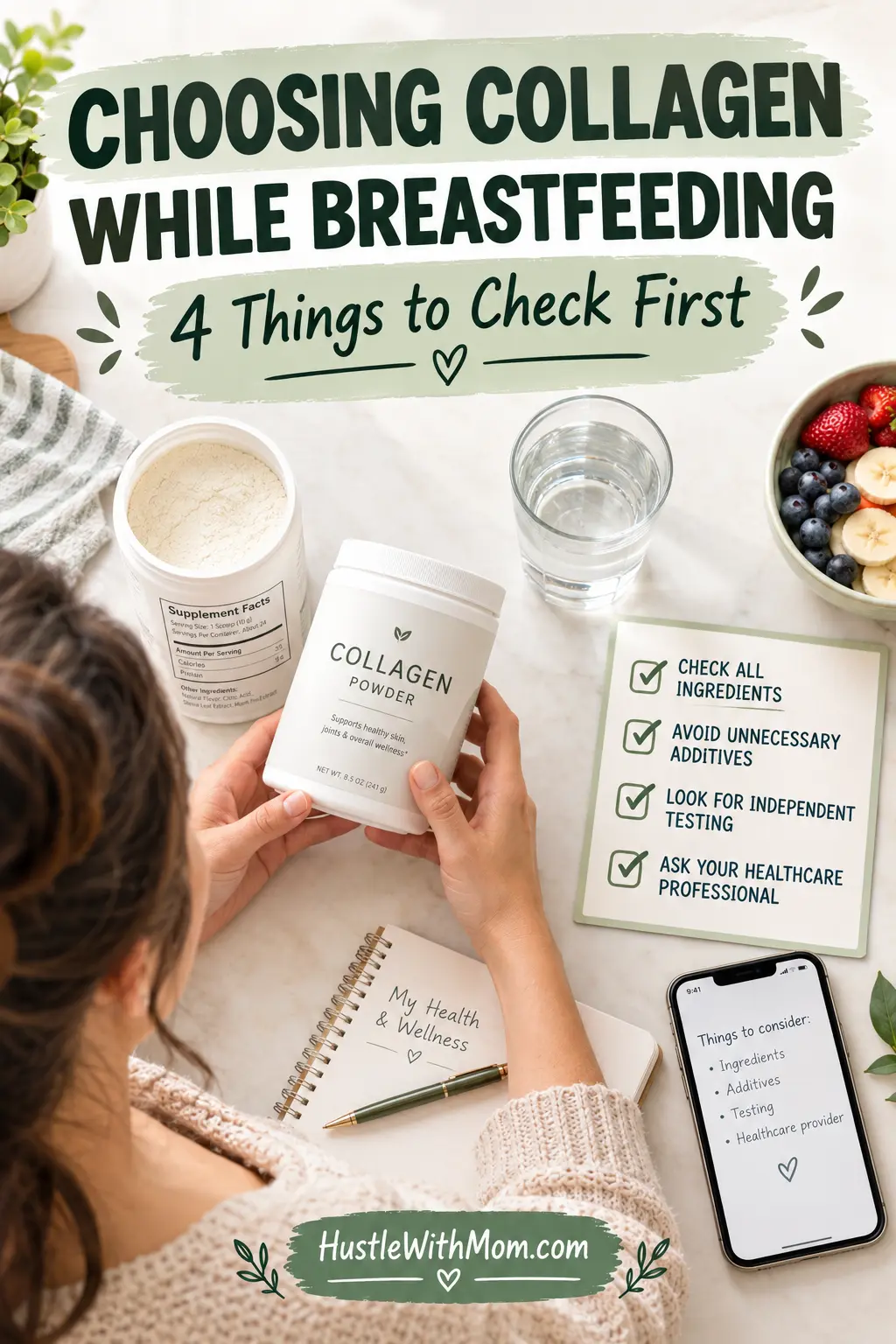Generic collagen supplement and ingredient checklist on a kitchen counter for a breastfeeding mother.
