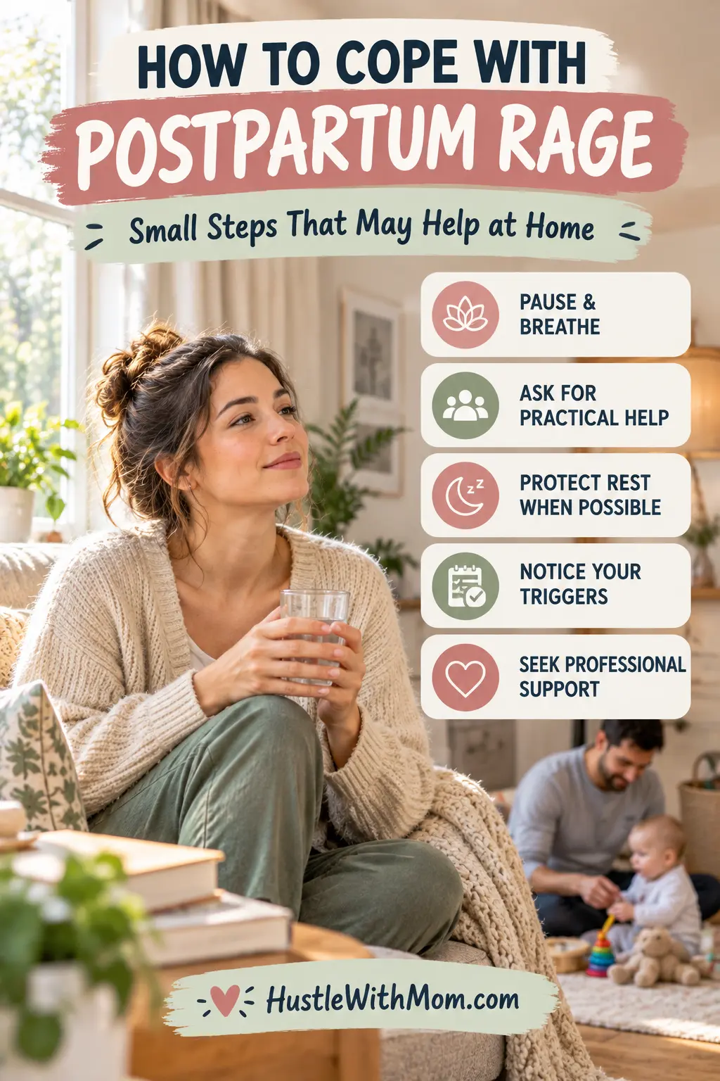 New mother taking a supported break at home while practicing a calming strategy for postpartum anger.