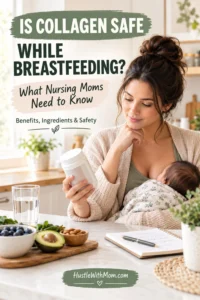 Breastfeeding mother reviewing a collagen supplement label at home with a glass of water.